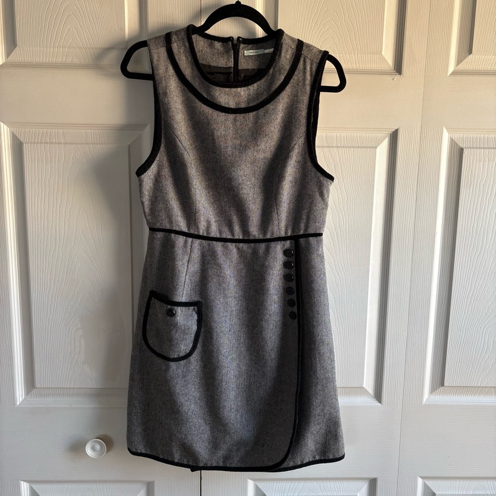 Kimchi Blue Herringbone Wool Velvet Trim Mini Dress Grey Black Academia Career 8
